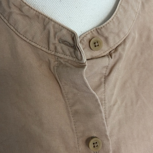 Eileen Fisher Linen Blend Mandarin Collar Shirtdress in Khaki Size Medium - Picture 3 of 7